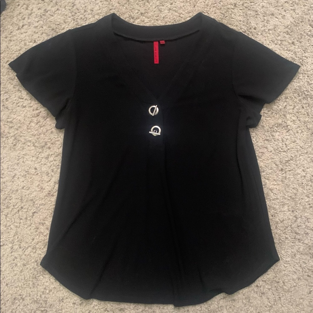 Black V-Neck Top with Metal bar/ring embellishments